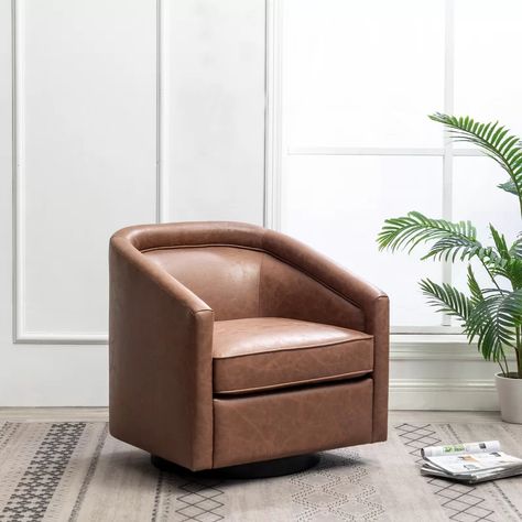 Coastal Farmhouse Kiersten 28.7" W Faux Leather Swivel Barrel Chair & Reviews | Wayfair Leather Swivel Chair, Leather Accent Chair, Swivel Barrel Chair, Swivel Accent Chair, Chair Bed, Chair Types, Beautiful Chair, Barrel Chair, Upholstered Seating