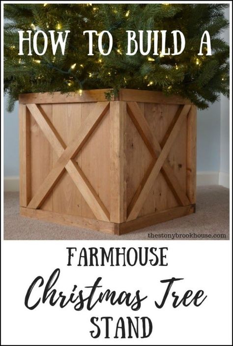 Box Christmas Tree Stand, Farmhouse Christmas Tree Stand, How To Make A Christmas Tree Box Stand, Wood Tree Skirt Diy, Xmas Tree Box Stand, Diy Christmas Tree Box Skirt, Wooden Box For Christmas Tree, Farmhouse Tree Skirt, Christmas Tree Collar Plans