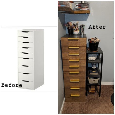 Wanted to give my Alex drawer unit a refresher after having for a few years. Love the way this turned out. Sanded it down and painted black , then cut some 1/2 inch plywood to the size of the drawers stained them and attached them , added some drawer pulls and voila! Painted Ikea Alex Drawers, Painted Alex Drawers, Alex Drawer Diy, Ikea Alex Makeover, Alex Drawer Makeover, Ikea Alex Drawers Hack, Alex Drawer Hack, Cottagecore Study, Ikea Upcycling