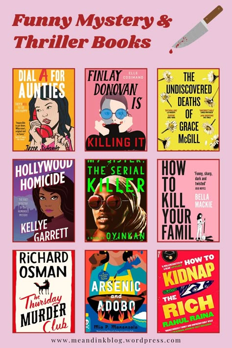 Funny Mystery and Thriller Books on pink background with 9 book cover in centre. Comedy Book Recommendations, Spicy Mystery Books, Book Recommendations Mystery, Mystery Book Aesthetic, Comedy Books To Read, Mystery Book Recommendations, Thriller Book Recommendations, Mystery Books To Read, Mystery Thriller Books