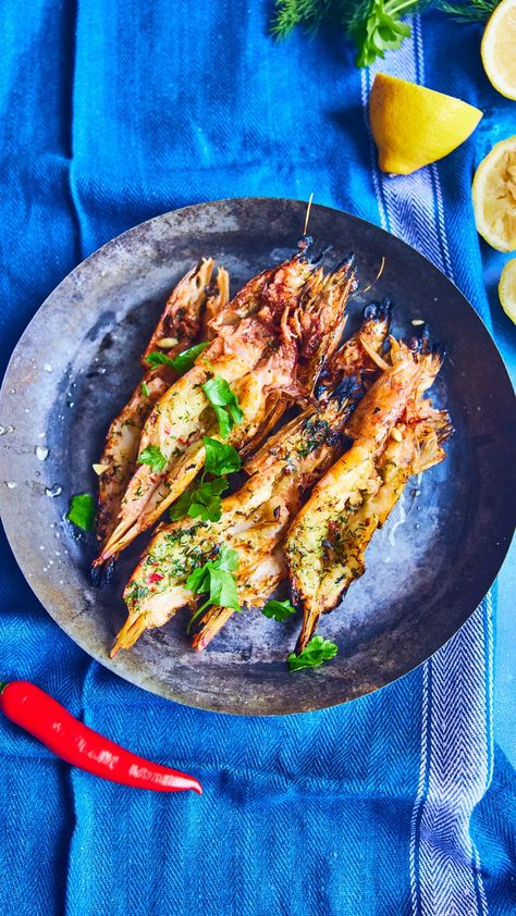 Butterflied Prawns, Coal Bbq, Butter Prawn, Herb Butter Recipe, Chilli Prawns, Prawn Recipes, Cell Growth, Small Food Processor, Herb Butter