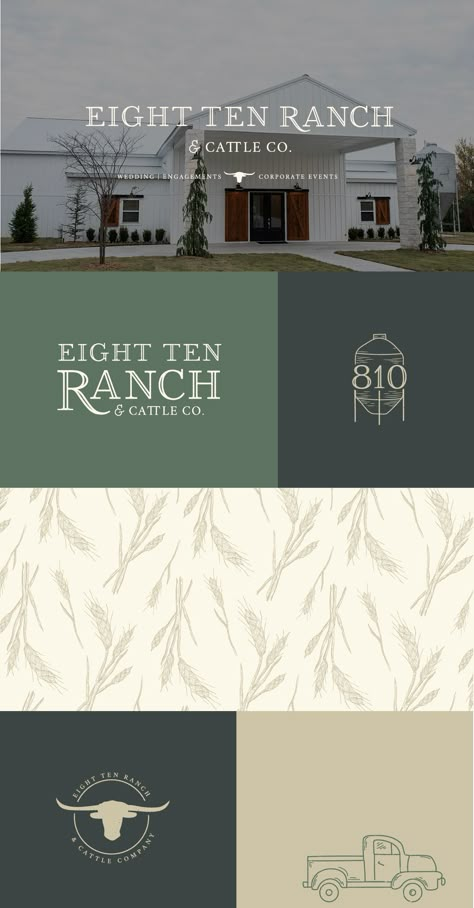 Eight Ten Ranch Branding - Hayley Bigham Designs - Tulsa Branding Studio  - Farmhouse Branding - Wedding and Event Venue Ranch Brands Design, Modern Farm Branding, Farmhouse Graphic Design, Farmhouse Logo Design, Ranch Branding Design, Modern Farmhouse Branding, Ranch Logo Design Ideas, Farm Branding Design, Wedding Venue Branding