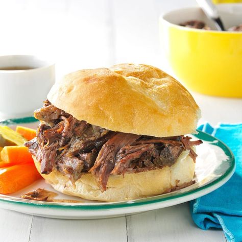 Shredded Beef au Jus Recipe | Taste of Home Hot Roast Beef Sandwiches, Roast Beef Sandwich Recipes, Beef Au Jus, Au Jus Recipe, Beef Sandwich Recipes, Roast Beef Sandwich, Sandwich Bar, Roast Beef Sandwiches, Beef Sandwich