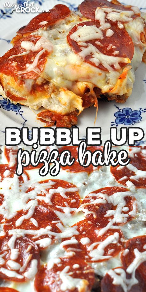 This Bubble Up Pizza Bake is the oven version of our Crock Pot Pizza Bake. It is a delicious and easy way to have homemade pizza on chaotic night! via @recipescrock Philsbury Biscuit Recipes, Bubble Pizza, Fun Pizza Recipes, Upside Down Pizza, Bubble Up Pizza, Crock Pot Pizza, Oven Recipe, Bubble Up, Pizza Recipes Homemade