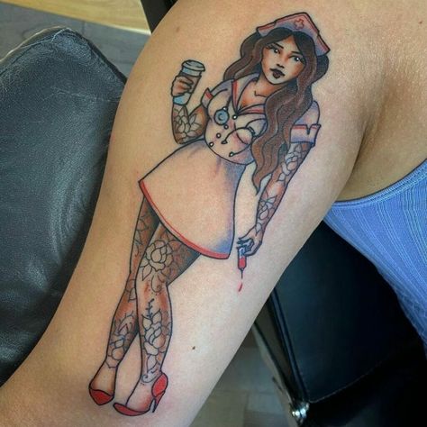 Traditional Tattoo Nurse, Nurse Pinup, Pin Up Nurse, Nurse Tattoo Ideas, Nurse Symbol, Pin Up Tattoo, Nurse Tattoo, Framed Tattoo, Nursing Pins