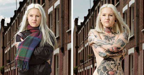 Photographer Reveals What Hides Under Tattooed People’s Everyday Clothes | Bored Panda Fuller Tattoo Ideas, People Covered In Tattoos, Body Covered In Tattoos Women, Tattooed People, People Getting Tattoos, Women With Lots Of Tattoos, People With Tattoos, Under The Chin Tattoo, Fully Tattooed Women