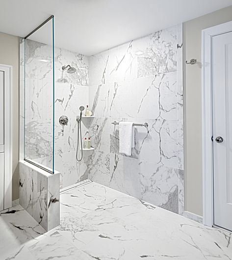 Senior Bathroom Design, Doorless Shower Design, Curbless Showers, Accessible Bathroom Design, Ada Bathroom, Doorless Shower, Relaxing Bathroom, Modern White Bathroom, Small Bathroom With Shower