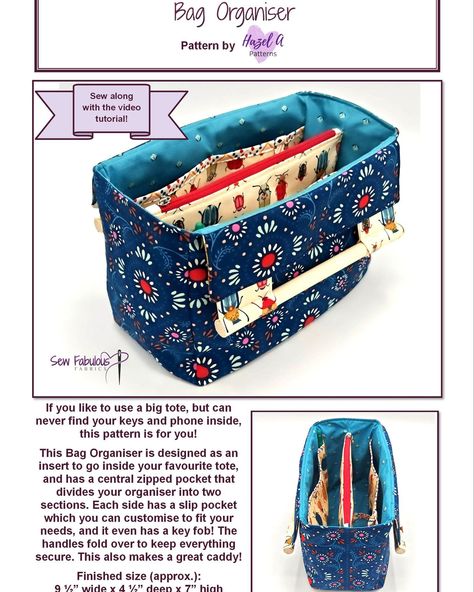 Hazel's newest sewing pattern is here, and includes a full video tutorial. Introducing the Bag Organiser! Do you love to carry a big tote bag, but hate not being able to find your keys and phone? This Bag Organiser is designed for you! It also works as a useful desk caddy. Find it in my Payhip and Etsy stores with 20% off until end of March, no code needed. 🧵 ✂ 🧺 #sewingpattern #sewinglove #sewingpatterns #hazelapatterns #pdfpattern #pdfpatterns #pdfsewingpattern #subscriptionbox #subscriptio... Travel Cord Organizer Sewing Pattern, Handbag Organiser Pattern, Car Caddy Sewing Pattern, Car Tidy Sewing Pattern, Bag With Bottom Zip Storage Sewing Pattern, Sew Together Bag, Big Tote Bags, Fabric Boxes, Sewing Doll Clothes