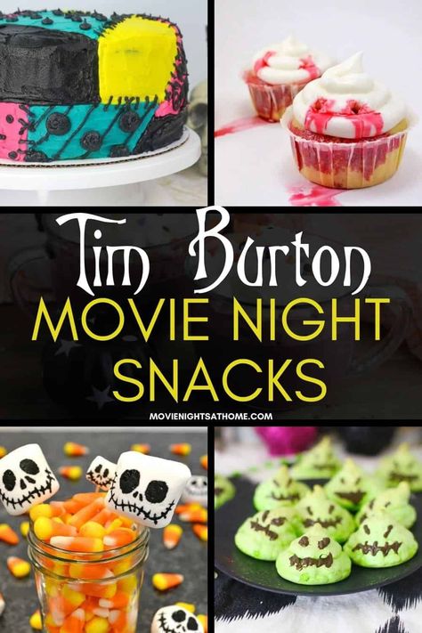 Hosting a Tim Burton Halloween movie night is a great way to have some fun at home. These movie ideas and snack recipes pair perfectly, too! Corpse Bride Movie Night, Nightmare Before Christmas Themed Snacks, Tim Burton Food Ideas, Coraline Movie Night, Disney Movie Themed Food, October Movie, Halloween Movie Night Party, Family Movie Night Snacks, Halloween Themed Movies