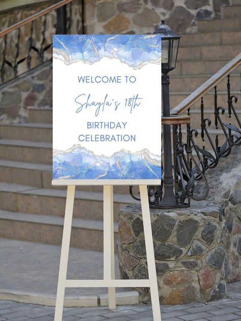 Blue Welcome Sign, White Wedding Sign, Welcome Sign Birthday, Silver Party Decorations, Birthday 21st, Blue Party Decorations, 16th Birthday Decorations, Blue And White Wedding, Blue Birthday Parties