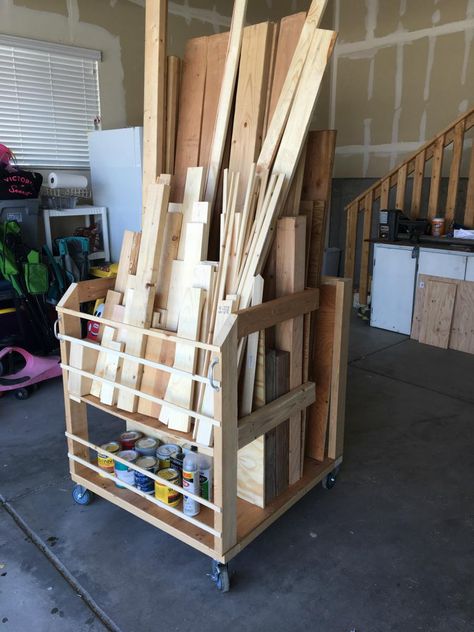 DIY Lumber Storage Cart - Overalls & Power Saws - Builds by Brittany Diy Lumber Rack, Lumber Storage Cart, Diy Lumber Storage, Garage Shelving Plans, Lumber Storage Rack, Wood Cart, Plywood Storage, Lumber Rack, Wood Storage Rack