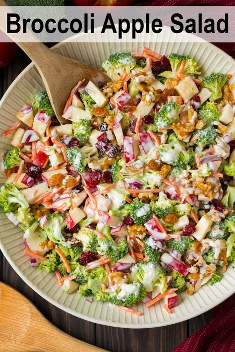 Broccoli Apple Salad - A delicious salad made with fresh broccoli, gala apples, carrots, dried cranberries, red onion, walnuts and a creamy, sweet and tangy dressing. #cookingclassy #broccoli #apple #salad Broccoli Apple Salad, Avocado Recipes Easy, Apple Coleslaw, Broccoli Cauliflower Salad, Raw Broccoli, Cranberry Salad, Warm Salad, Gala Apples, Cauliflower Salad