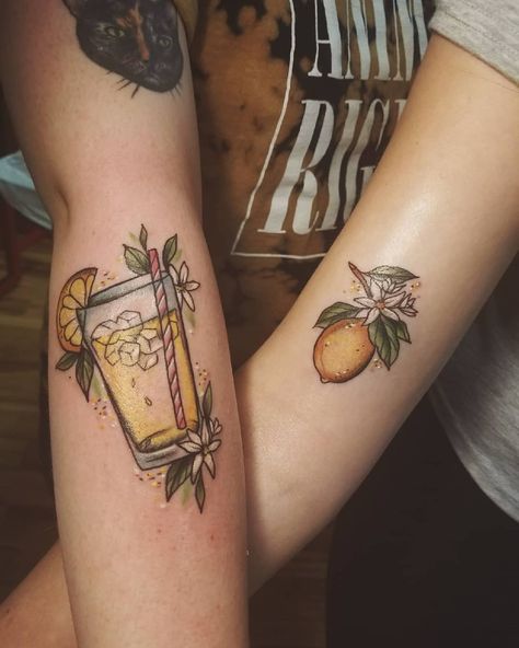 Matching Lemon and Lemonade Tattoos | Tattoo Ideas and Inspiration Matching Lemon Tattoos, Glass Of Lemonade Tattoo, Peas Tattoo, Lemonade Tattoo, Complementary Tattoos, Food Tattoo Ideas, Lemon Tattoo, Tattoo For Couples, Chef Tattoo