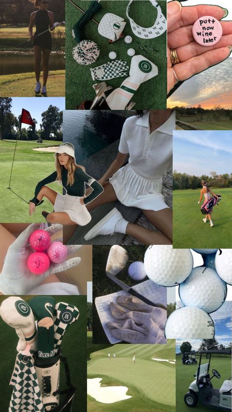 Golf Aesthetic Woman, Golf Girl Aesthetic, Golf Asethic Women, Golf Collage, Women’s Golf Outfit Aesthetic, Girls Golf Aesthetic, Women’s Golf Aesthetic, Cute Golf Outfit, Golf Attire Women