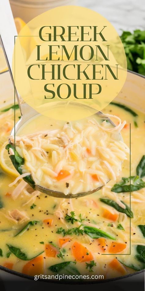 Plan dinner tonight with this easy recipe for a warm and cozy bowl of soup! This Greek lemon soup with chicken and orzo is also called Avgolemono, and it is made with the irresistibly delicious flavors of fresh lemon, juicy chicken, spinach, and orzo pasta. This is the ultimate comfort food, and the perfect dish for a cold winter night! Spinach And Orzo, Greek Lemon Soup, Lemon Orzo Soup, Chicken And Orzo, Avgolemono Soup, Greek Lemon Chicken Soup, Soup With Chicken, Lemon Soup, Lemon Chicken Soup