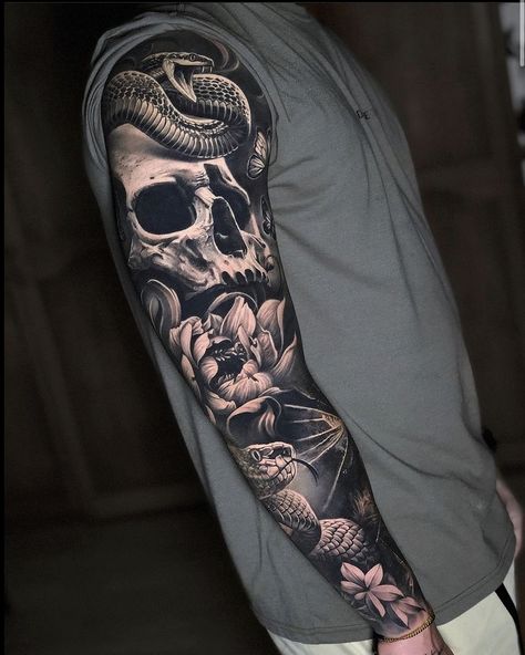 Snake And Skull Forearm Tattoo, Skull Arm Tattoo, Calf Sleeve Tattoo Men, For Arm Tattoo, Best Arm Tattoos, Tato Realis, Arm Tattoos For Men, Tattoo Homme, Arm Tattoo Ideas