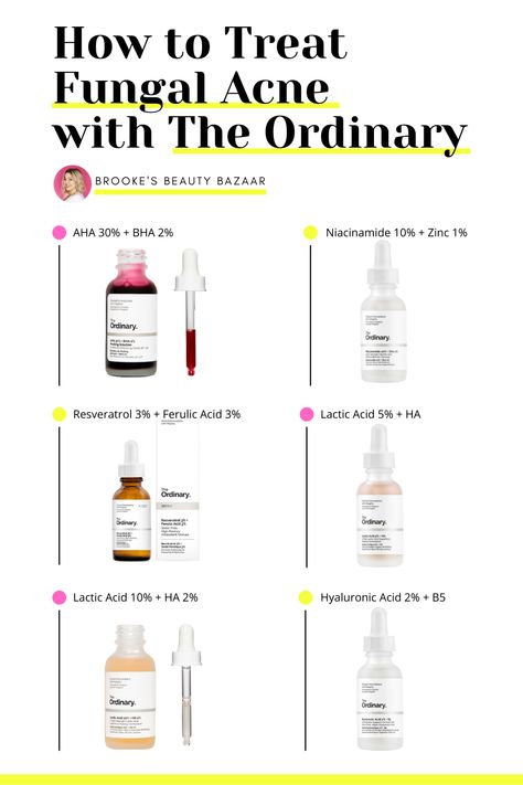 These products from The Ordinary are the ones you need to treat and clear your fungal or bacterial acne. When it comes to treating acne, you need powerful acids, antioxidants, vitamins, and minerals to kill yeast + bacteria, banish free radicals, and unclog your pores. Theses products absorb deep into the skin to dissolve oil, dirt, and bacteria, exfoliate the skin, and reveal a clear, radiant, acne-free complexion! Restore your skin with the Ordinary. #fungalacne #theordinary #skincareroutine Fungle Acne, Treat Fungal Acne, Bacterial Acne, Natural Remedies For Acne, Acne Safe Makeup, Back Acne Remedies, Spf Face Moisturizer, Remedies For Acne, Safe Makeup