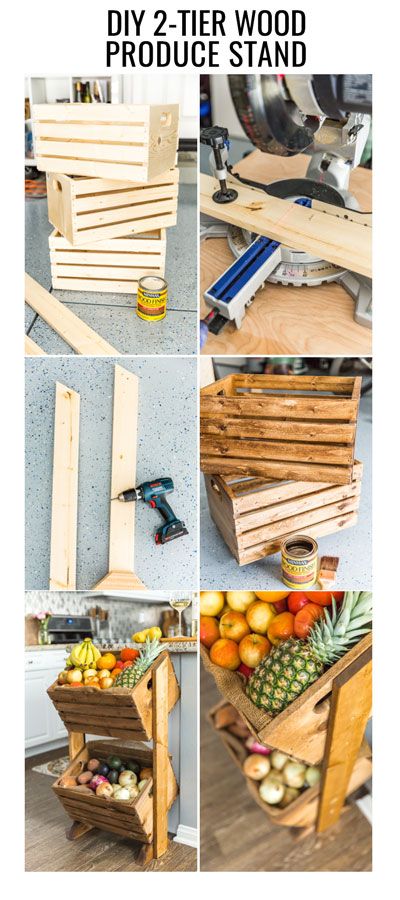 Love heading to the farmer’s market? Looking for a fun way to showcase your fruits and vegetables, while saving counter space? Try building this DIY two-tier produce stand to give all your fruits and vegetables a functional, stylish home right in your kit Vegetable Stand, Produce Stand, Fruit Crate, Home Remodeling Diy, Fruit Stands, The Farmer, Coaster Furniture, Diy Remodel, Counter Space