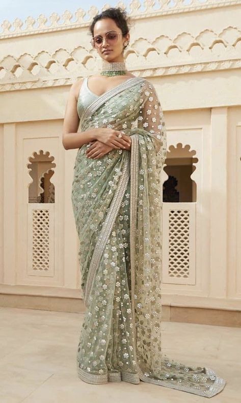 Excited to share this item from my #etsy shop: Sage green heavy embroidered wedding reception saree with matching silk blouse #green #floral #embroidered #greensaree #weddingsari #receptionsaree Evening Saree, Mendhi Outfit, Plain Sarees, Desi Couture, Reception Saree, Desi Fits, Saree Ideas, Designer Sarees Wedding, Desi Outfits