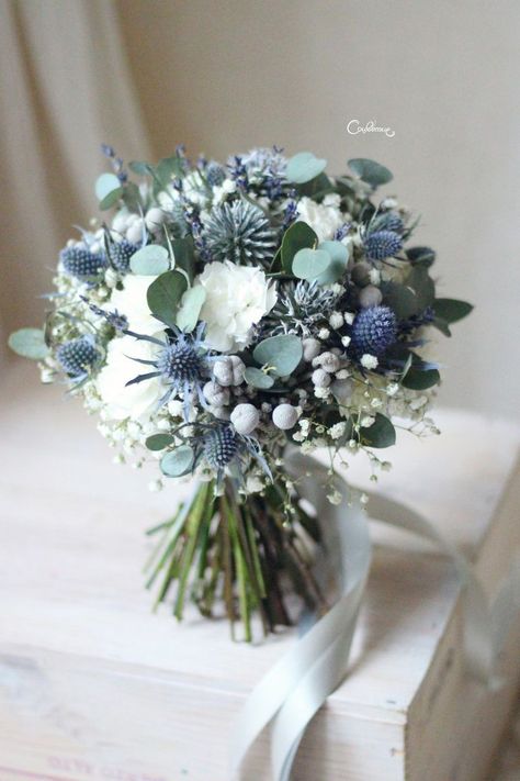 Pin on Wedding Navy Blue And Greenery Bouquet, Boho Seaglass Wedding, Navy Blue Wedding Florals, Dusty Blue Bridal Bouquet Real Flowers, Blue White Green Wedding Flowers, Wedding Bouquets Bride Blue, Dusty Blue Flowers Bouquet, Blue And Green Wedding Flowers, Blue Wedding Bouquet Ideas