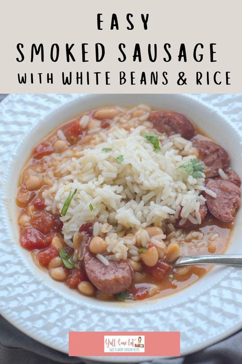 White Beans And Rice Crockpot, White Beans And Sausage Bowl, White Beans And Sausage Crockpot, Recipes Using Northern Beans, Great Northern Beans And Sausage, Northern Beans And Sausage, Recipes Using Canned Great Northern Beans, Southern Navy Bean Recipes, Navy Beans And Rice Recipe