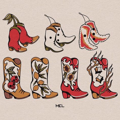 Traditional Tattoo Cowboy Boots, Neo Traditional Mom Tattoo, Wild West Tattoo Traditional, Trad Western Tattoo, American Traditional Western Flash, Cowboy Themed Tattoo, Cowgirl Flash Tattoo, Cowboy Boot Tattoo Traditional, Western Flash Sheet