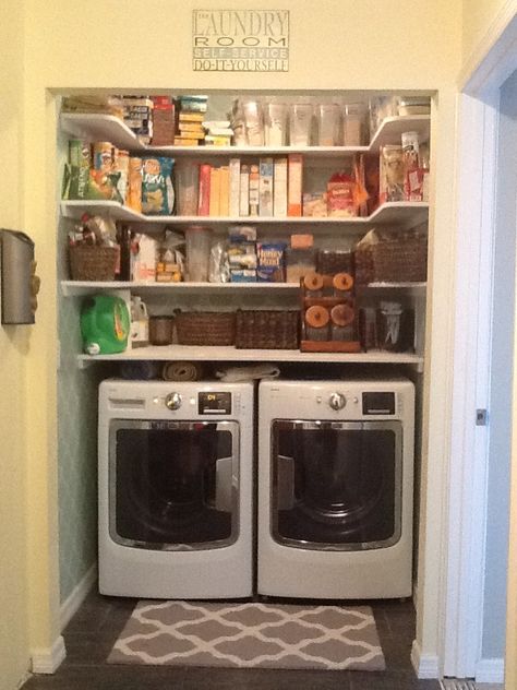 Laundry Pantry Shelves, Pantry Above Washer And Dryer, Laundry Closet And Pantry, Pantry Laundry Closet Combo, Dining Laundry Combo, 90s Laundry Room, Washroom Pantry Combo, Laundry Room Turned Into Pantry, Laundry Room Pantry Combo Diy