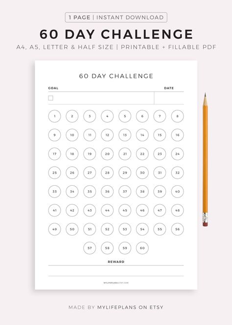 60 Day Challenge, Goal Setting, Progress Tracker, Habit Forming, A4/A5/Letter/Half, Printable & Fillable PDF, Horizontal, Instant Download 60 Day Challenge, Progress Tracker, Habit Forming, Day Challenge, Goal Setting, Instant Download Etsy, Instant Download