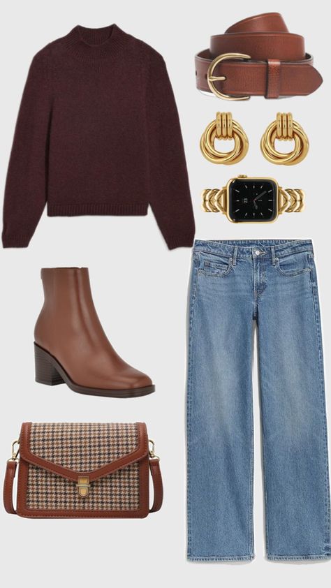 burgundy sweater + chocolate brown accessories Burgundy Sweater Outfit, Sweater And Jeans Outfit, December Outfits, Winter Sweater Outfits, Jacket Outfit Women, Sweater Outfits Fall, Country Style Outfits, Brown Accessories, Sweater Outfit