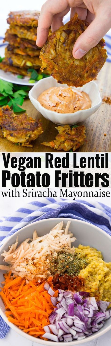 These potato fritters with red lentils are super easy to make and so delicious! They're best with spicy sriracha mayonnaise! Find more vegetarian recipes and vegan dinner ideas on veganheaven.org! Bean Fritters, Potato Fritters, Red Lentils, Red Bean, Lentil Recipes, God Mat, Red Lentil, Vegan Cooking, Meatless Meals