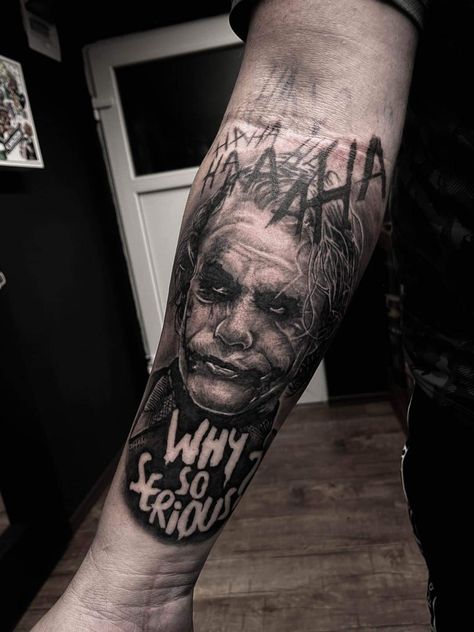 Joker..why So serious Horror Tattoos Forearm, Joker Leg Tattoo Men, Heath Ledger Joker Tattoo Ideas For Men, Joker Tatoos Heath Ledger, Joker Eyes Tattoo, Joker Tattoos Men, Why So Serious Tattoo Design, Joker Tattoo Leg, Joker Tattoo Arm