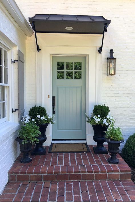 Benjamin Moore Wythe Blue front door on a beautiful white (SW Alabaster) brick home - built by Michael Ladisic. #benjaminmoorewytheblue #paintcolors #frontdoor Light Blue Grey Paint, White Exterior Paint Colors, Veranda Design, Wythe Blue, White Exterior Paint, Door Colour, Blue Gray Paint Colors, White Exterior Houses, Green Front Doors