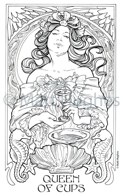 Ethereal Visions Tarot Coloring Book - Art Nouveau by Matt Hughes — Kickstarter Ethereal Visions Tarot, Tarot Printable, Fleurs Art Nouveau, Queen Of Cups, Art Coloring Book, Line Art Coloring, Alphonse Mucha Art, Nouveau Illustration, Mucha Art