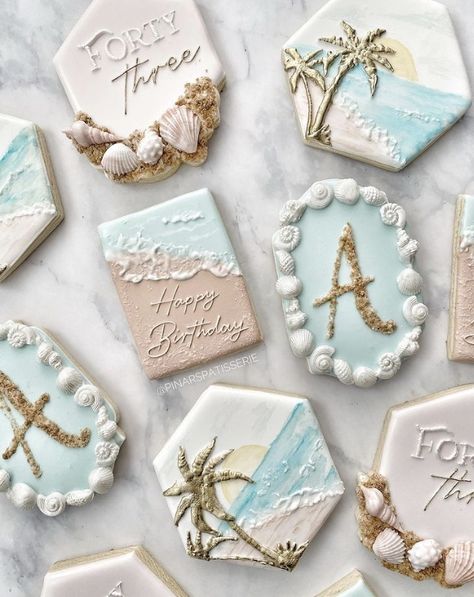 Cookies Beach Theme, Beach Birthday Cookies Decorated, Elegant Ocean Theme Party, Beach Wedding Cookies Decorated, Beach Decorated Cookies, Beach Birthday Cookies, Beach Themed Desserts, Beach Cookies Decorated, Beach Wedding Cookies