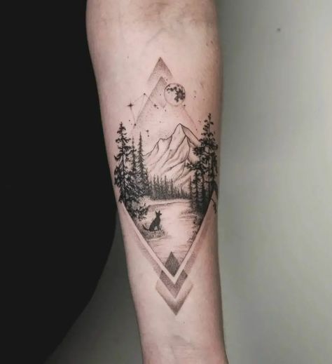 Mountains And Dog Tattoo, Mountain And Dog Tattoo, Mountain Family Tattoo, Dog Mountain Tattoo, Mountain Wolf Tattoo, Forest Forearm Tattoo, Small Mountain Tattoo, Lightbulb Tattoo, Geometric Mountain Tattoo