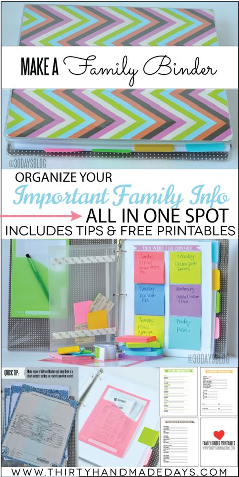 Make a family binder - with printables & tips from www.thirtyhandmadedays.com Family Binder, Household Binder, Home Binder, Home Management Binder, Binder Organization, Household Organization, Home Management, Family Organizer, Paper Organization