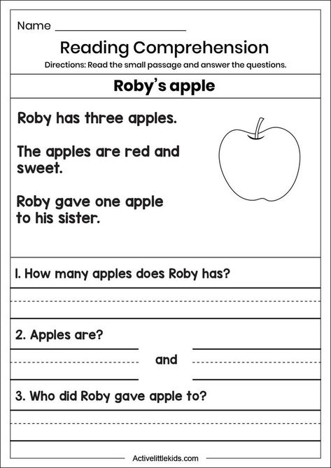 Apple Reading Comprehension, Kindergarten Comprehension Worksheets, Kindergarten Test, B Worksheet, Kindergarten Reading Comprehension, First Grade Reading Comprehension, Short Sentences, Reading Comprehension Kindergarten, English Worksheets For Kindergarten