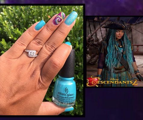 Disney Descendants Uma Inspired Manicure, China Glaze What I Like About Blue Descendants Nail Art, Descendants Nails, Descendants Uma, Color Changing Nail Polish, Uma Descendants, Disney Princess Nails, Princess Nails, Disney Acrylic Nails, Toes Nails