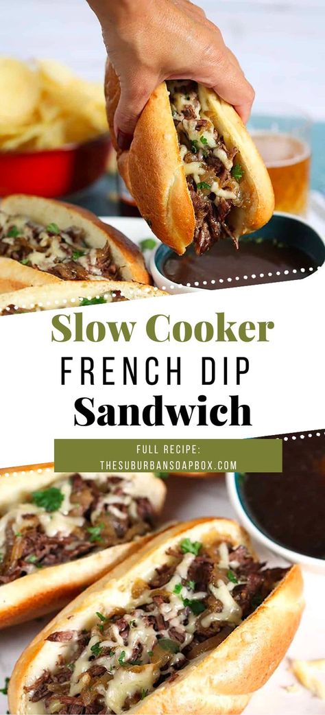 Hearty, beefy, stick to your ribs DELISH! This Slow Cooker French Dip Sandwich couldn’t be easier to make. Cooked low and slow for hours in a beefy stock loaded with herbs, spices, onions and BIG flavor, tender beef is the centerpiece for one epic sandwich. Easy Slow Cooker French Dip, Beef Sandwiches Crock Pot, French Dip Sandwich Recipe, French Dip Au Jus, Slow Cooker French Dip Sandwiches, Slow Cooker French Dip, French Dip Crock Pot, French Dip Sandwiches, Dip Sandwiches