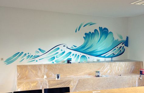 Veneficus Wave Mural on Behance Wave Mural, Being Controlled, Beach Crafts Diy, The Big Wave, Window Mural, Office Mural, Wall Murals Diy, Wall Art Diy Paint, Bedroom Murals