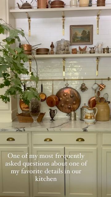 Brass Finishes In Kitchen, Kitchen With Brass Accents, Brass Home Accents, Pot Rail Over Stove, Kitchen Hardware Brass, Pot Rail Kitchen, Brass Rod Kitchen, Copper And Brass Kitchen, Brass Rails In Kitchen