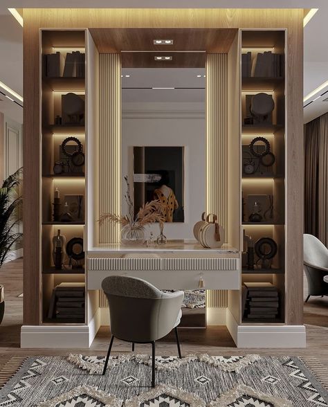 Makeup Unit Dressing Tables, Wardrobe Vanity Ideas, Dressing Table Between Two Wardrobes, Luxury Vanity Design Bedroom, Modern Dressing Mirror Design, Dressing Table Ideas Modern Luxury, Dressing Table Design Luxury, Dressing Unit Design Modern, Dressing Table Ideas Bedroom Modern