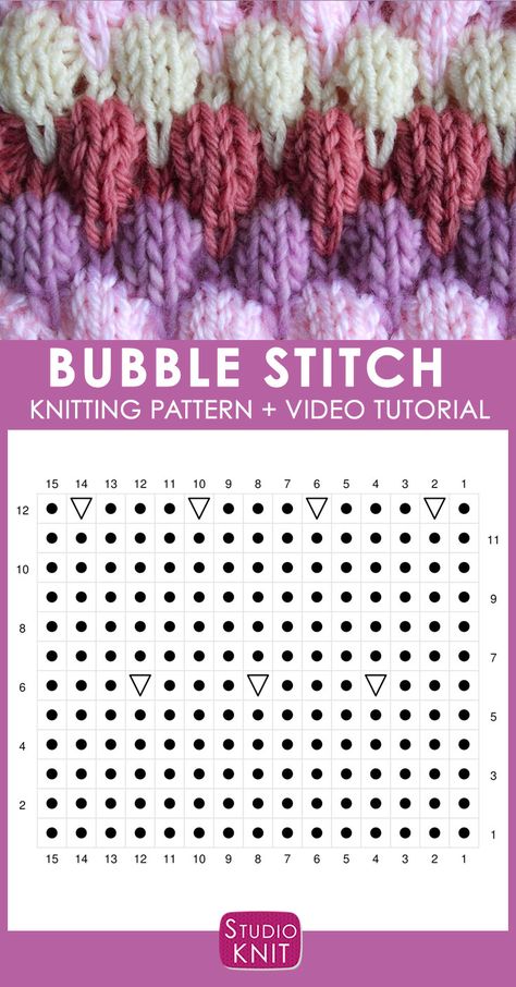 Bubble Knit Stitch Pattern Chart with Video Tutorial by Studio Knit Bubble Stitch Knitting, Bubble Stitch, Simpul Makrame, Studio Knit, Easy Knitting Projects, Kids Crochet, Aesthetic Crochet, Knitting Needles Sizes, Bobble Stitch