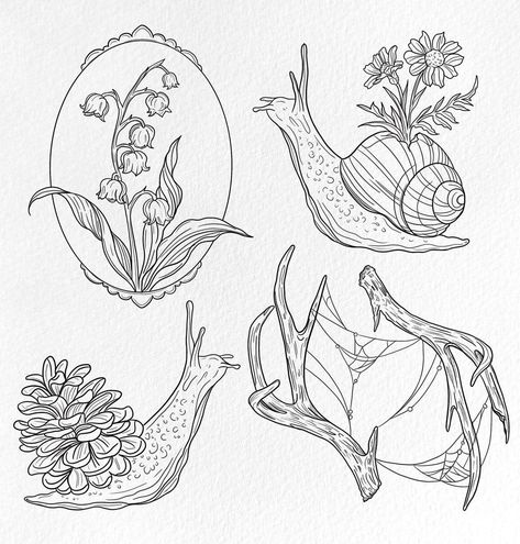 Nature Linework Tattoo, Forest Design Tattoo, Illustrative Animal Tattoo, Mushroom Tattoo Linework, Specimen Jar Tattoo, American Traditional Snail Tattoo, Carnivorous Plants Tattoo, Folksy Tattoos, Woodland Tattoo Ideas