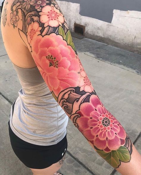 Beautiful Petite Baddie, Colorful Flowers Tattoo, Colorful Tattoos For Women, 2024 Tattoo, Fleurs Art Nouveau, Tattoos For Women Half Sleeve, Floral Tattoo Sleeve, Pretty Tattoos For Women, Irezumi Tattoos