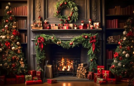 Christmas Tree Living Room, Fireplace Backdrop, Tree Living Room, Elegant Christmas Centerpieces, Back To School Photography, Holiday Mantel Decor, Living Room Fireplace, Holiday Mantel, Christmas Fireplace Decor