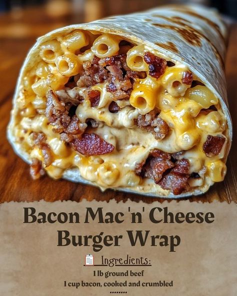 Easy Recipes By Crenn | Bacon Mac 'n' Cheese Burger Wrap | Facebook Burger And Bacon Recipes, Dinners With Burger Meat, Easy Dinner Recipes Wraps, Mac And Cheese Pancakes, Easy Meals To Make For Dinner, Hamburger Bun Dinner Ideas, Meal With Bacon, Simple Blackstone Dinners, Hunting Food Ideas