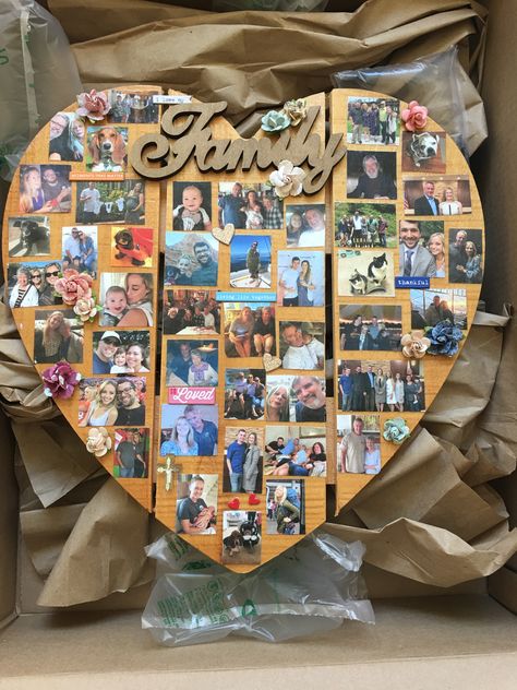 Personalized Family Heart By buying a wooden heart from Michaels or Joanns, the fun can being. I chose not to spray paint since the wood gives it a nice home feeling. Print out photos that are the right size and shape to fill the area. Using Mod Podge Glue, brush over the cardbaord letter with the glue, then place a picture or pictures on top and cover them with the glue again to hold them in place. The glue will dry fast! After it has all dried you can add decorations or leave as is :) Heart Shaped Photo Collage, Photo Collage Diy, Photo Crafts, Family Collage, Wood Yard Art, Home Feeling, Collage Diy, Heart Pictures, Diy Picture