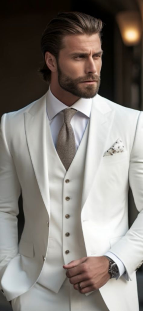 Groom Suit White, White Wedding Suits For Men, White Tuxedo Wedding, Custom Suits Men, White Wedding Suit, Wedding Tux, Mens Wedding Attire, White Elegance, Wedding Suits Groom