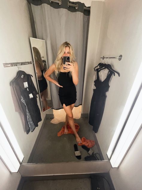 Black Jean Dress. H&M. Mirror Pic. Blonde. Fitting Room Pic. Dressing Room Mirror Selfie, Fitting Room Mirror Selfie, Dressing Room Selfie, Black Jean Dress, Room Mirror Selfie, Room Pic, Dressing Room Mirror, Dress Mirror, Mirror Picture